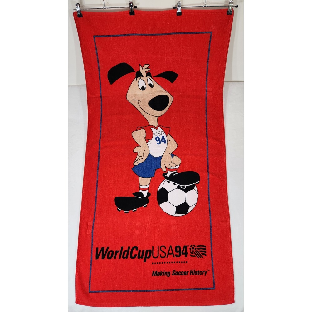 Vintage World Cup USA 94 Beach Towel Striker Mascot Red Soccer Memorabilia 1994